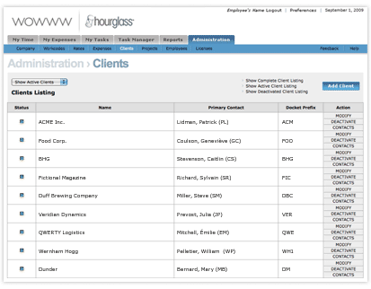 Screenshot of the client listing