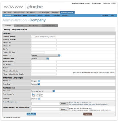 Screenshot of the company form