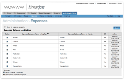 Screenshot of the expenses listing