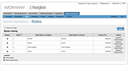Screenshot of the rates listing