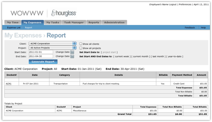 Screenshot of an expense report