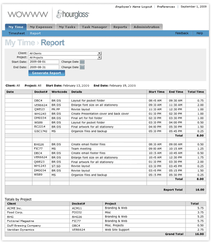 Screenshot of a time report