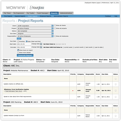 Screenshot of a 'Project' report