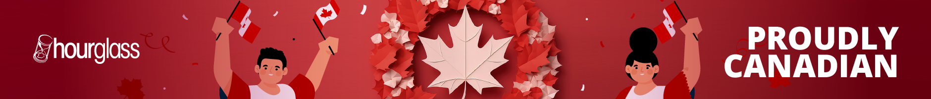 A maple leaf at the center of a Canadian-style wreath, with a man and woman proudly waving Canadian flags on either side, symbolizing that they are proudly Canadian.