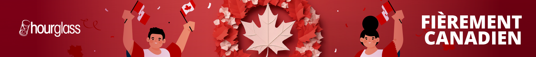 Une feuille d'érable au centre d'une couronne de style canadien, avec un homme et une femme agitant fièrement des drapeaux canadiens de chaque côté, symbolisant qu'ils sont fièrement canadiens.