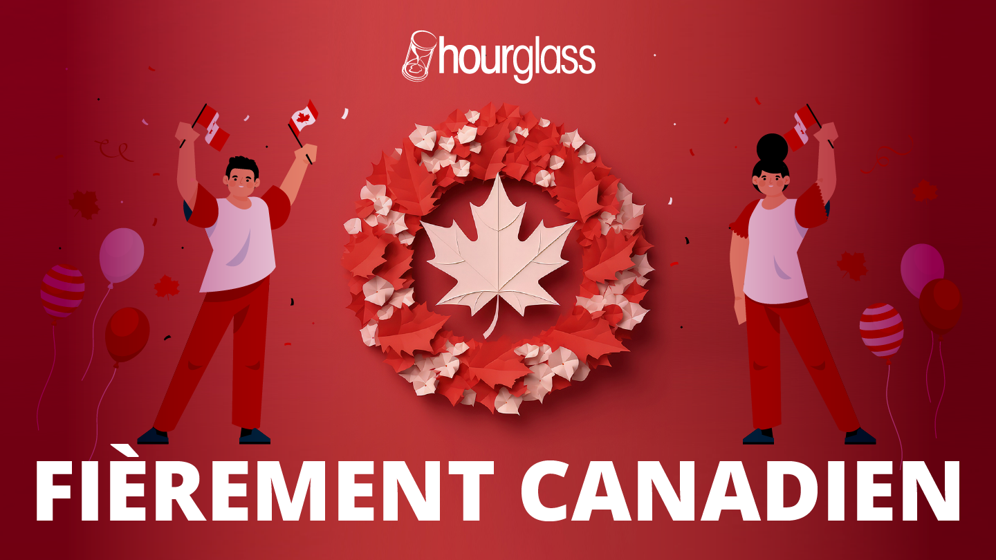 Une feuille d'érable au centre d'une couronne de style canadien, avec un homme et une femme agitant fièrement des drapeaux canadiens de chaque côté, symbolisant qu'ils sont fièrement canadiens.